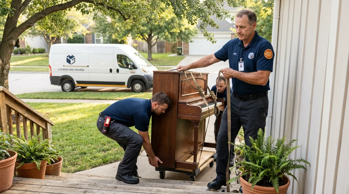 Licensed piano movers securing grand piano in Londonderry, VT