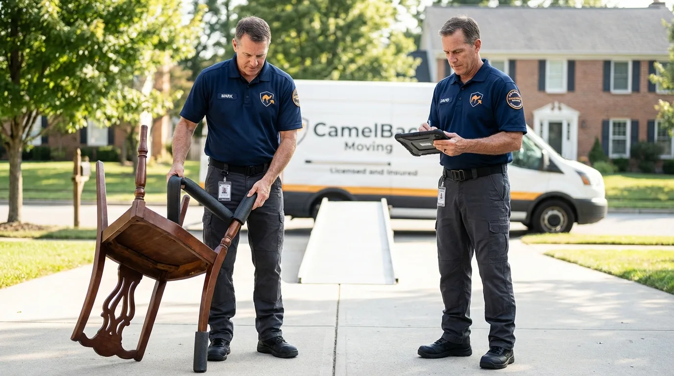 Movers inspecting furniture for damage prevention before loading in Londonderry, VT