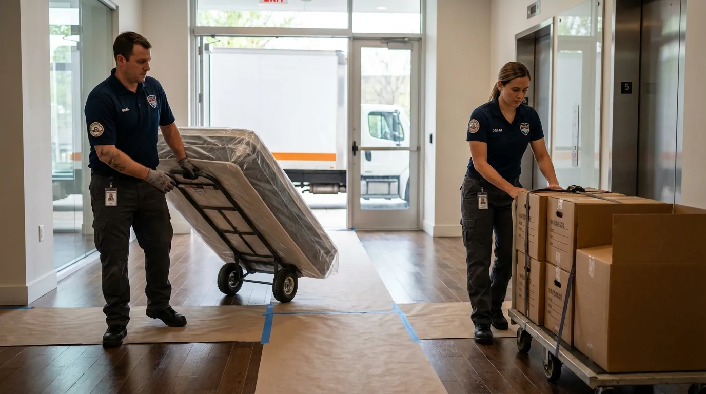 Professional apartment movers loading elevator in Londonderry, VT