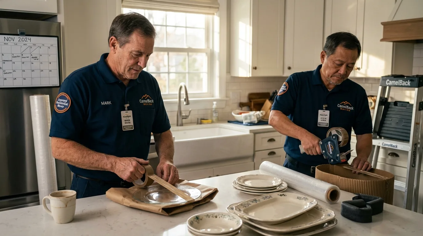 Professional crew packing kitchen dishware in Londonderry, VT